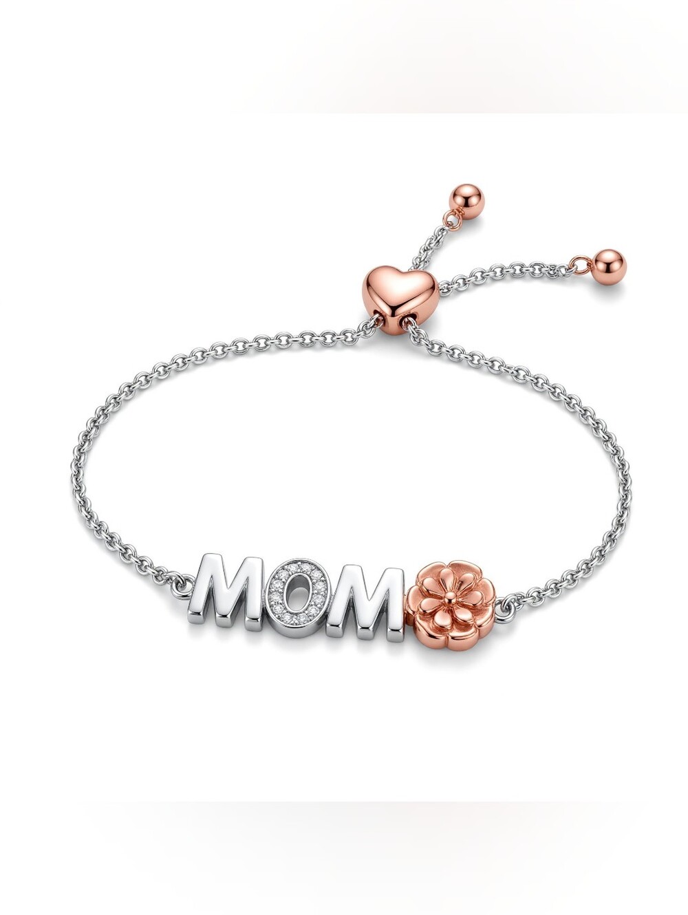 "MOM" Two-Tone Silver & Rose Gold Adjustable Charm Bracelet